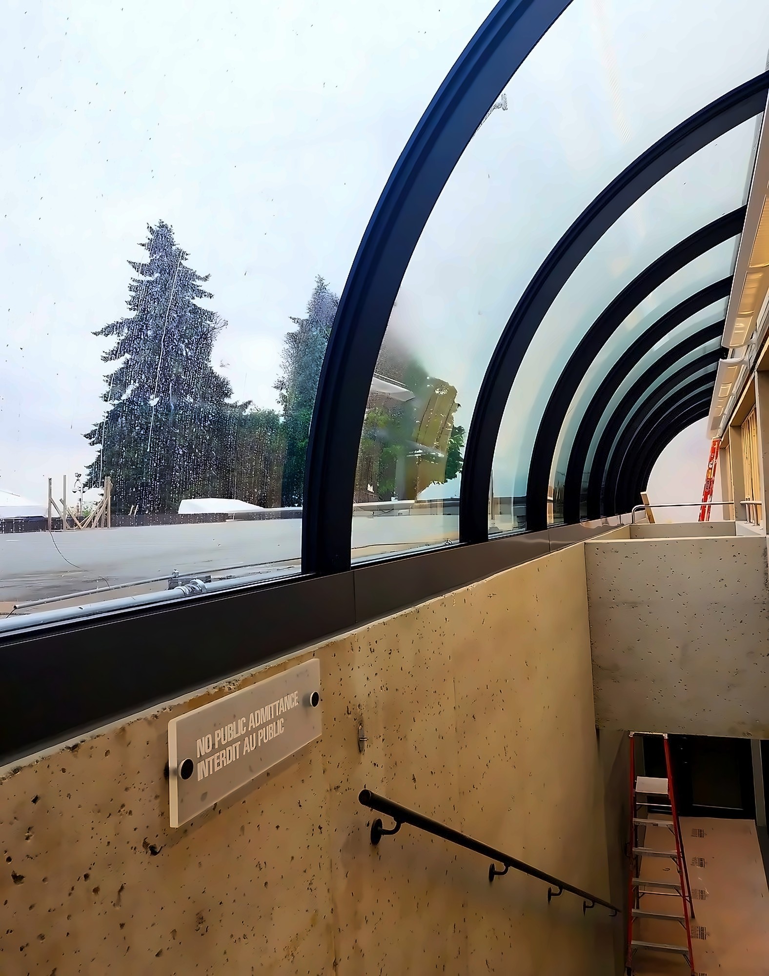 UBC Museum of Anthropology, Vancouver. RAICO high-performance curved steel skylights, installed start to finish by Catalyst. View from the cafeteria looking out.